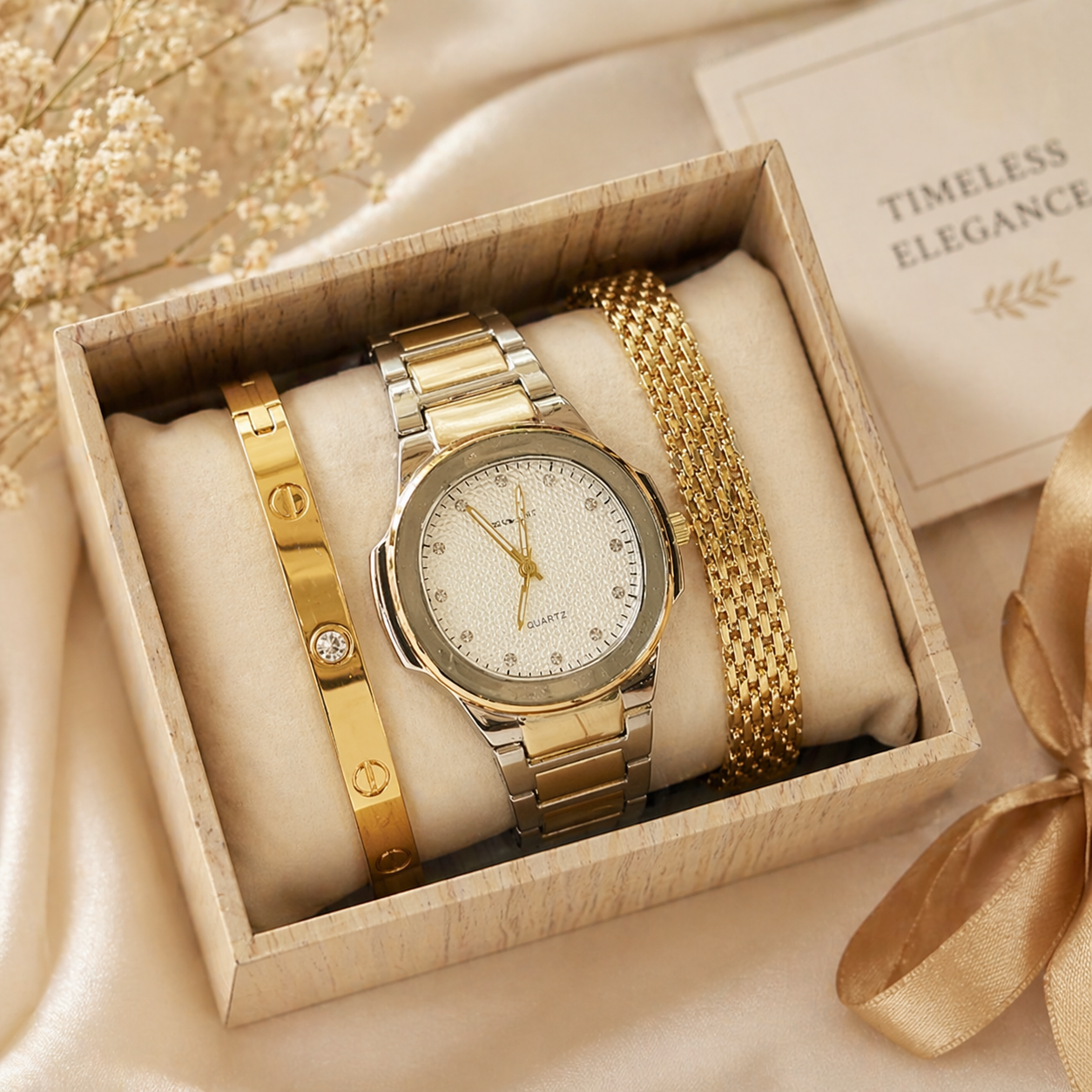 3-in-1 Luxury Watch Set for Women – Watch + 2 Elegant Bracelets