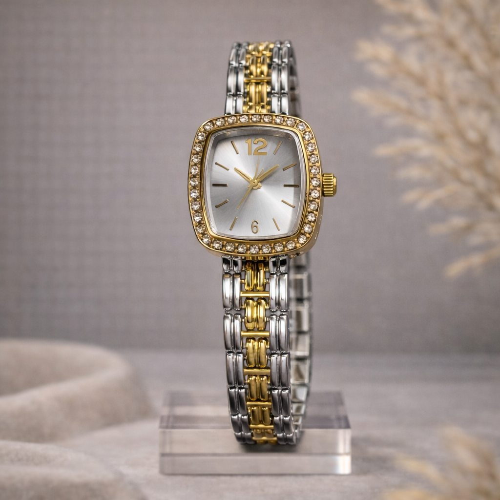 Two-Tone Crystal Bezel Square Watch