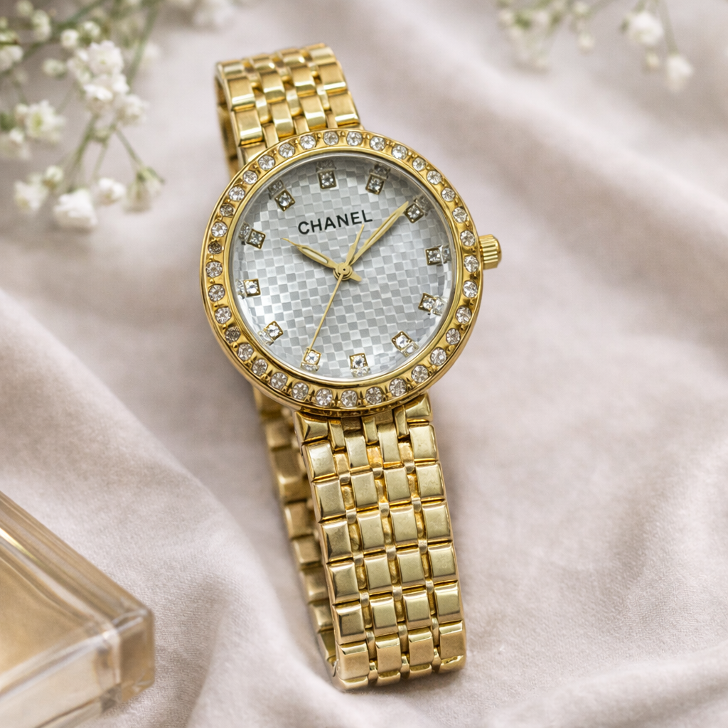 Channel - Golden Crystal Watch – Silver Dial